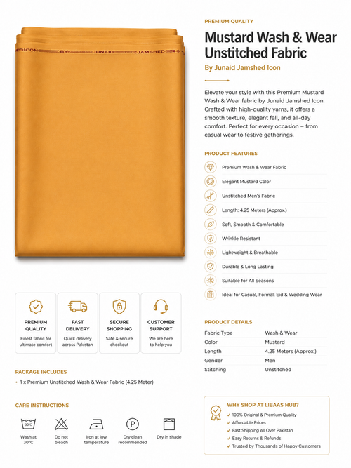 Mustard Gold Wash & Wear Unstitched Fabric – Premium Men's Suit (4 Meter)