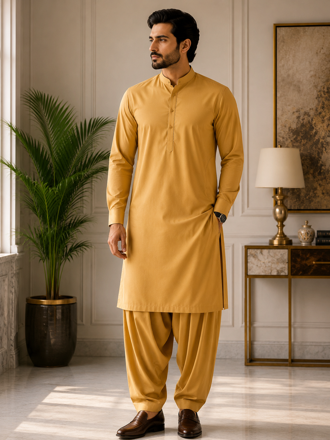 Mustard Gold Wash & Wear Unstitched Fabric – Premium Men's Suit (4 Meter)