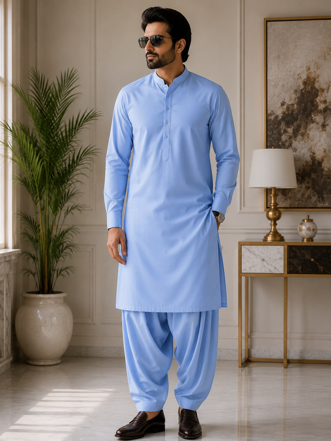 Premium Ice Blue Wash & Wear Unstitched Fabric for Men – Luxury Soft Finish