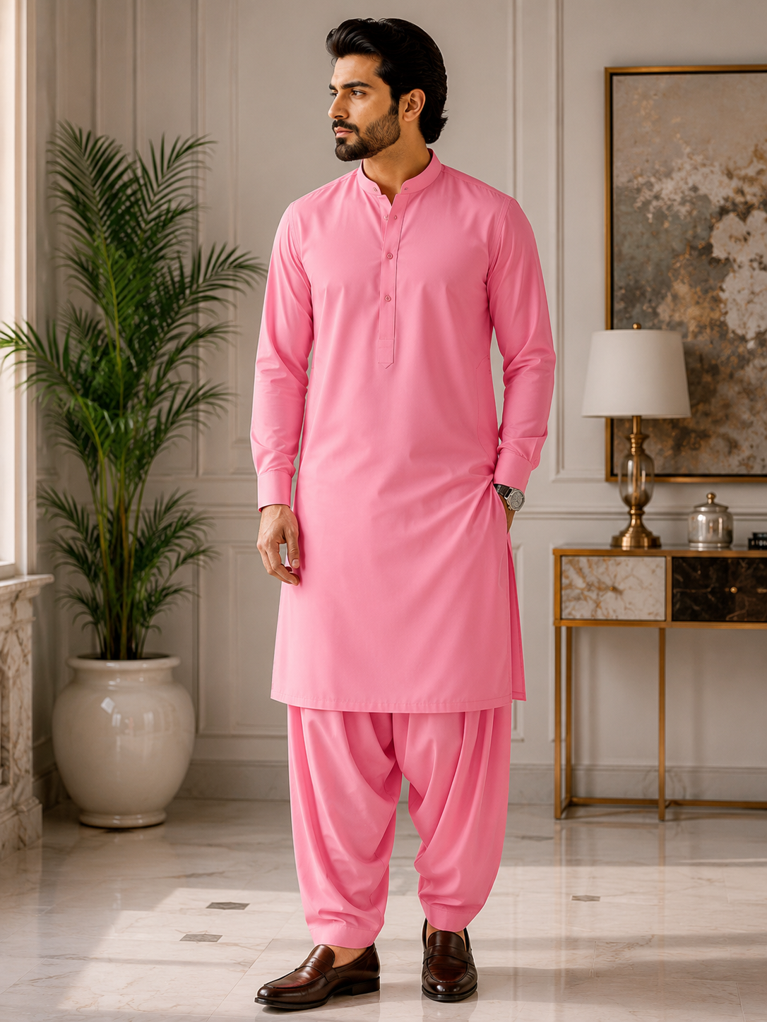 Premium Coral Pink Wash & Wear Unstitched Fabric for Men – Soft, Lightweight & Wrinkle-Resistant