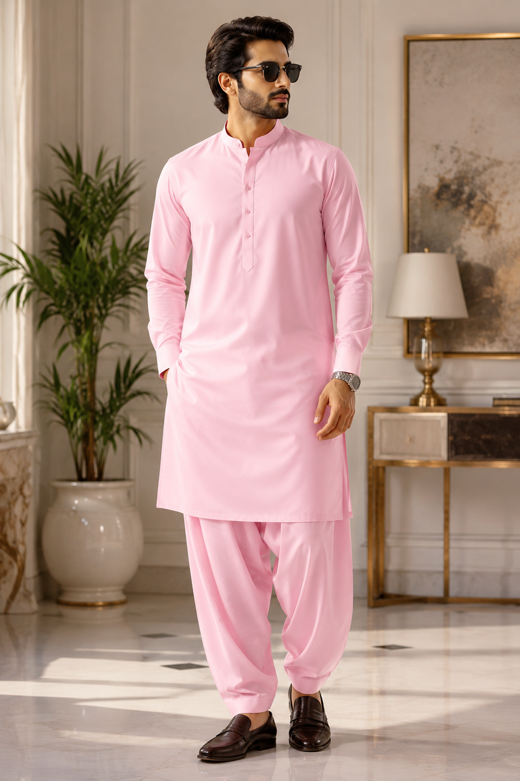 Premium Baby Pink Wash & Wear Unstitched Suit Fabric for Men – Soft & Elegant (4 METER)