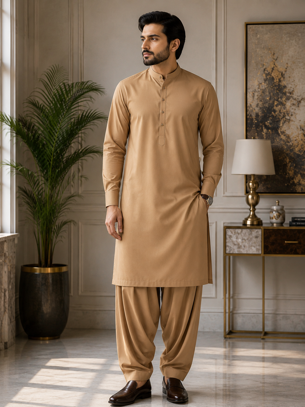 Camel Brown Wash & Wear Unstitched Fabric – Premium Men's Suit (4 Meter)