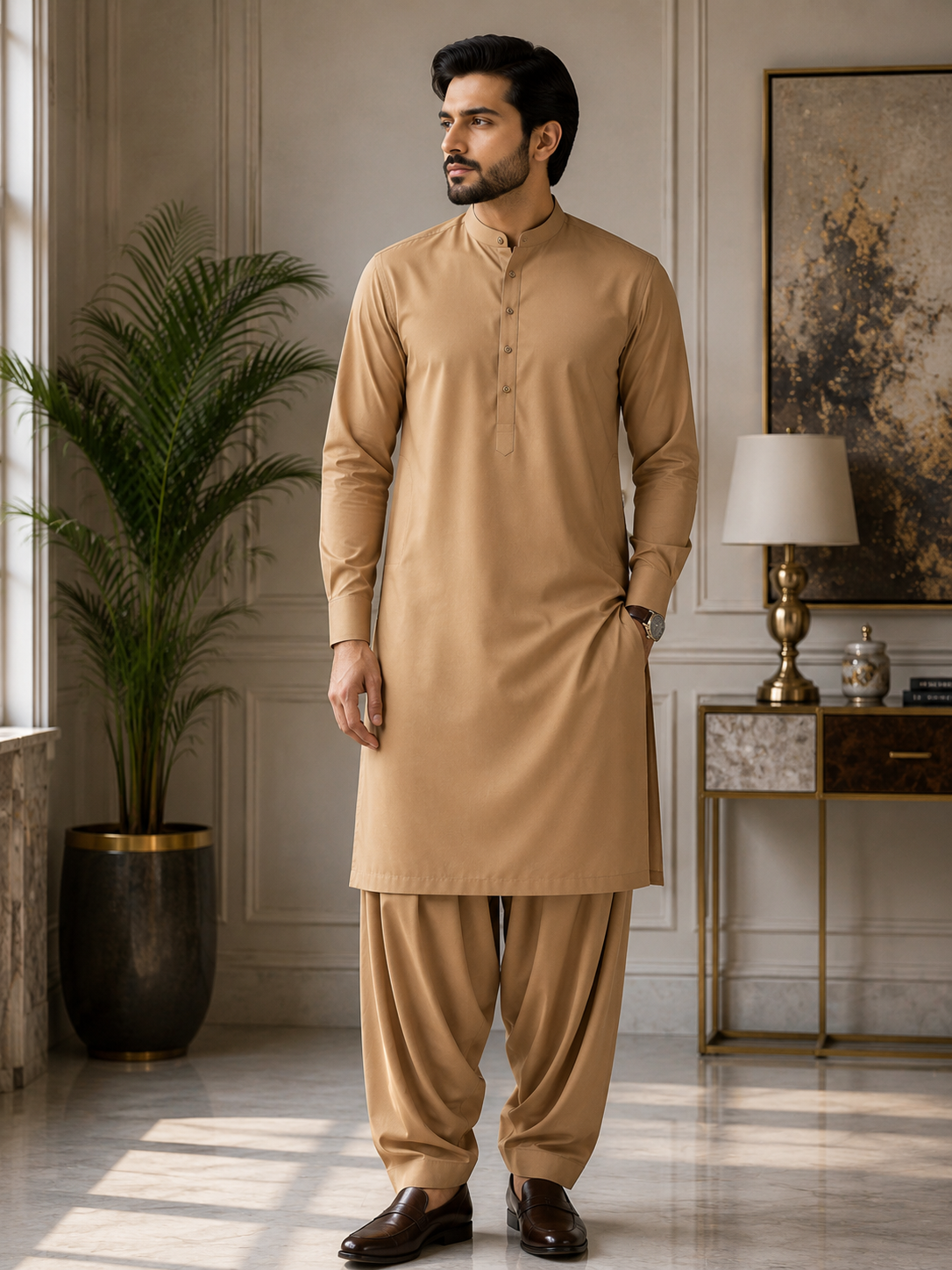 Camel Brown Wash & Wear Unstitched Fabric – Premium Men's Suit (4 Meter)