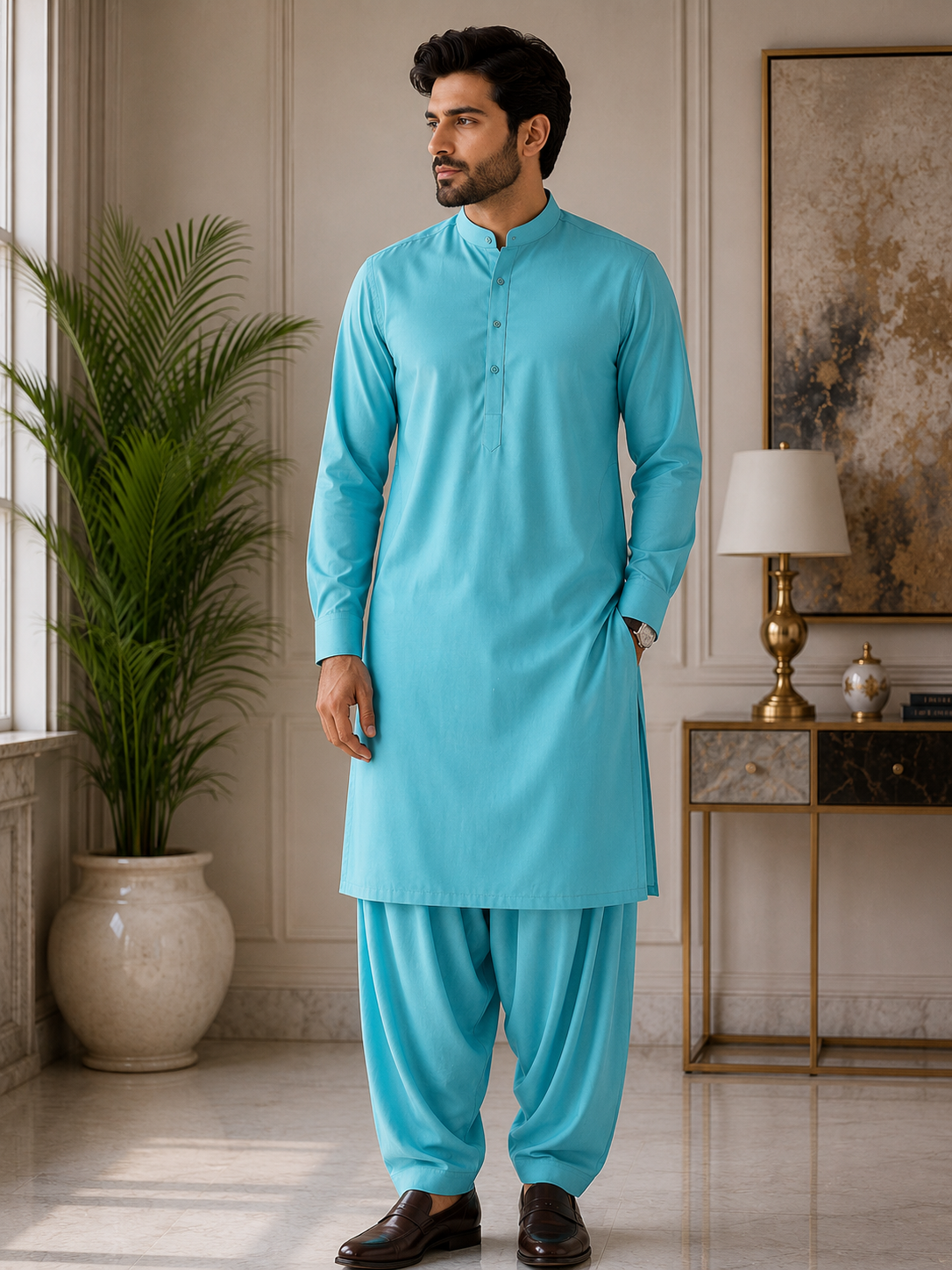 Sea Green Wash & Wear Unstitched Fabric – Premium Men's Suit (4. Meter)