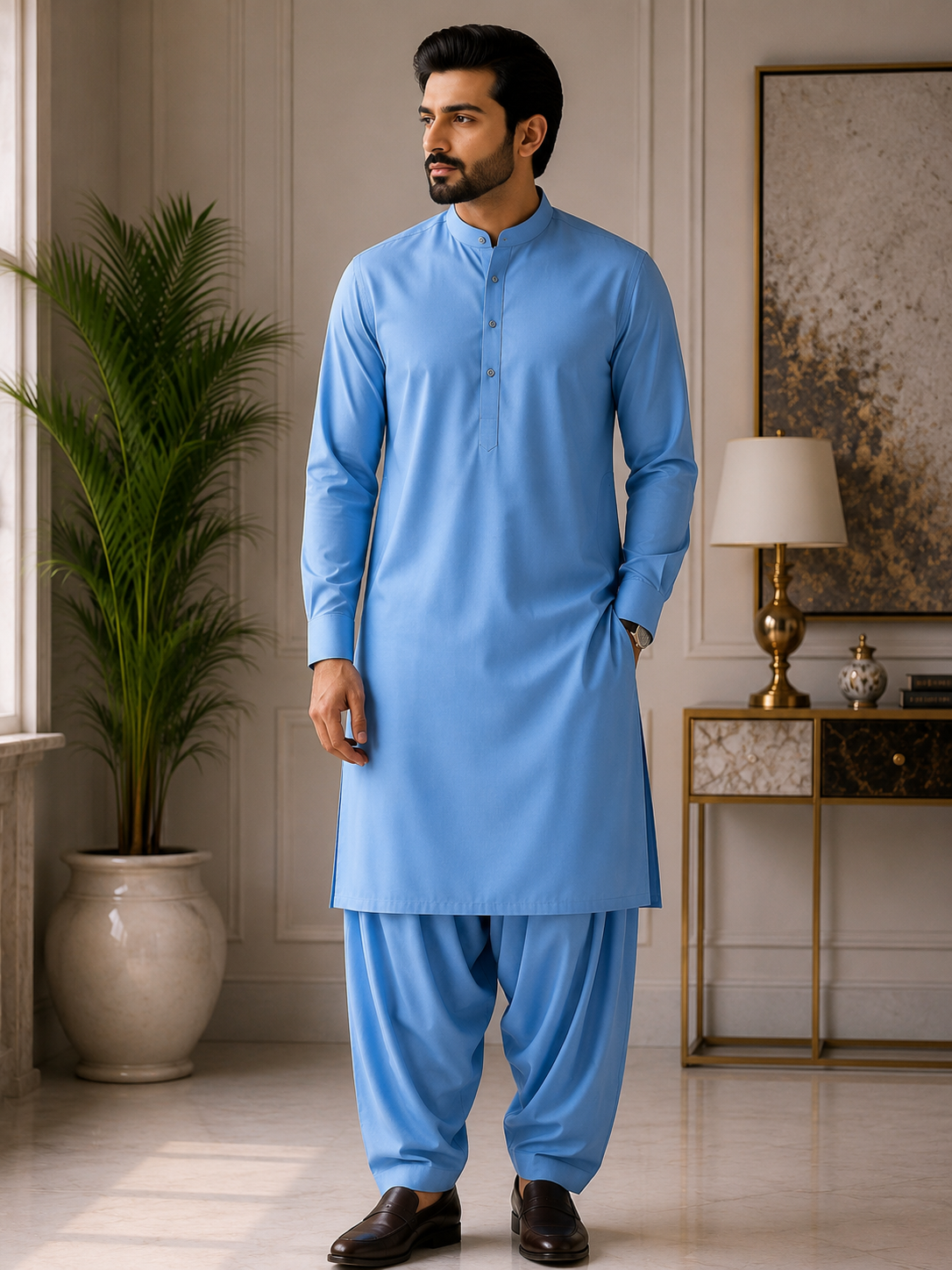 Sky Blue Wash & Wear Unstitched Fabric – Premium Men's Suit [ 4 METRE STANDARD CUTTING ]