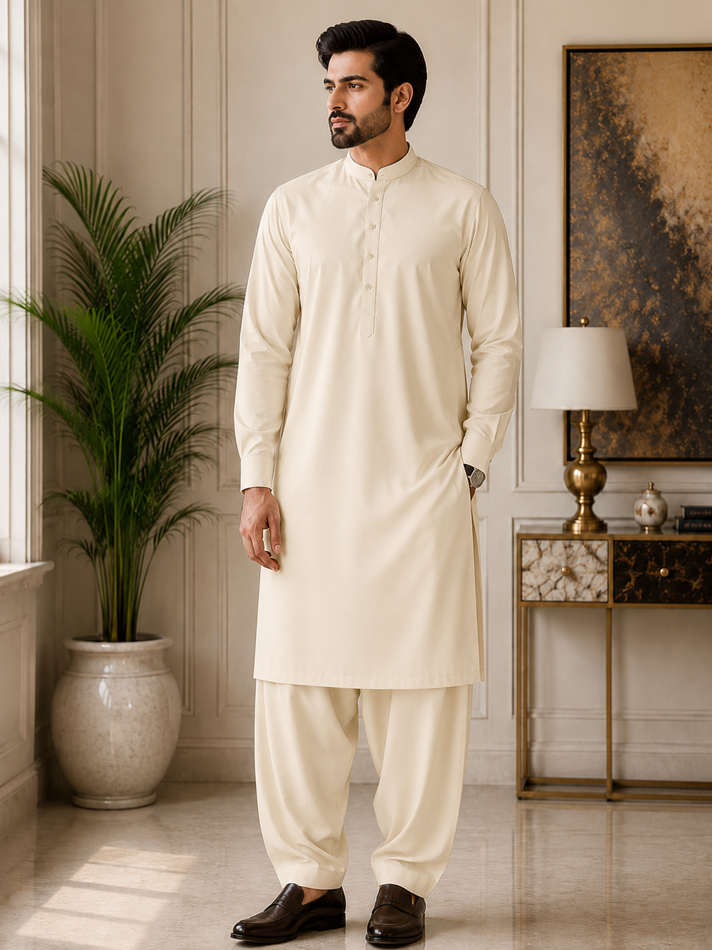 Cream Beige Wash &amp; Wear Unstitched Fabric – Premium Men's Suit (4Meter)