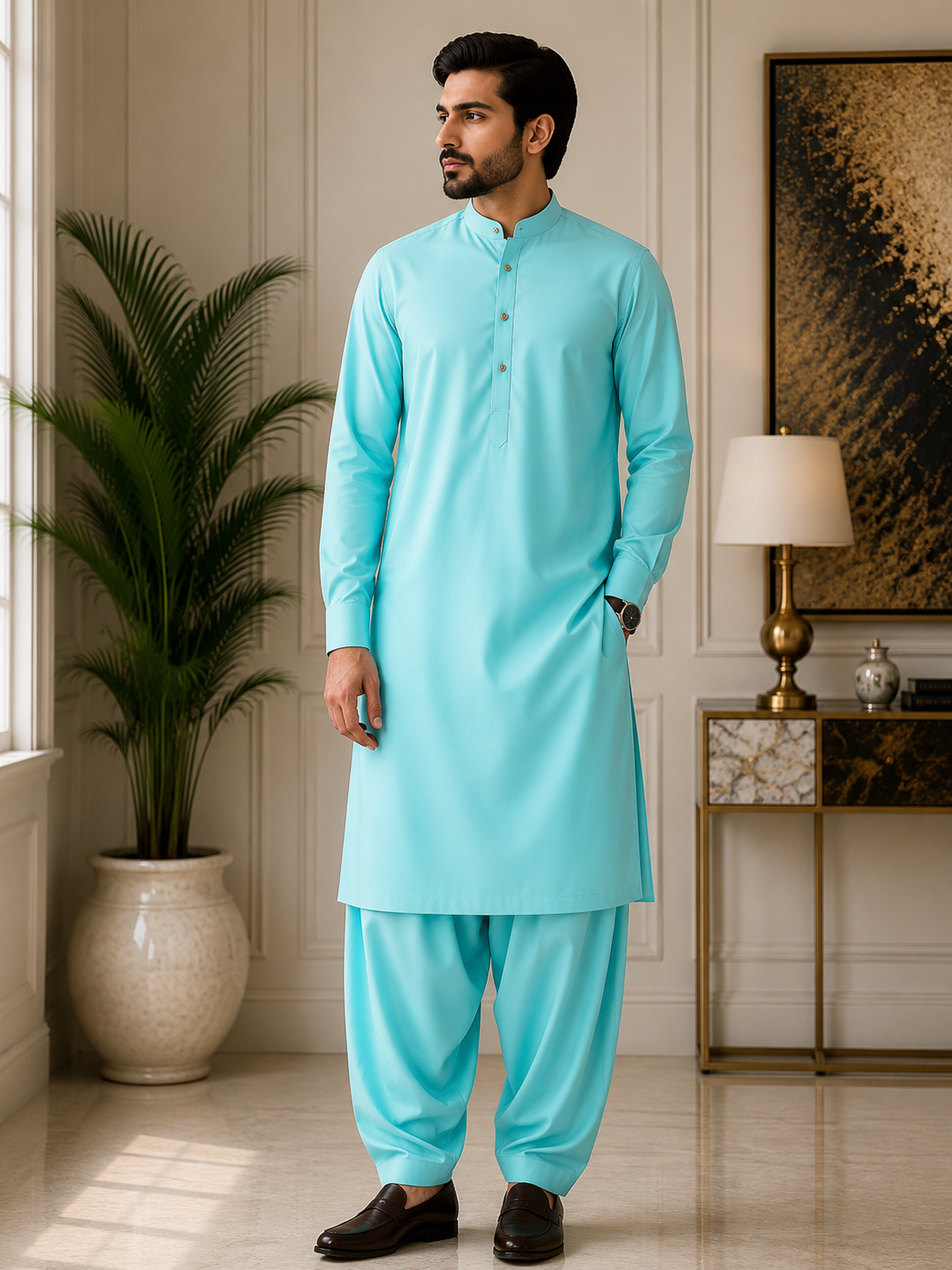 Mint Green Wash & Wear Unstitched Fabric – Premium Men's Suit (4 Meter)