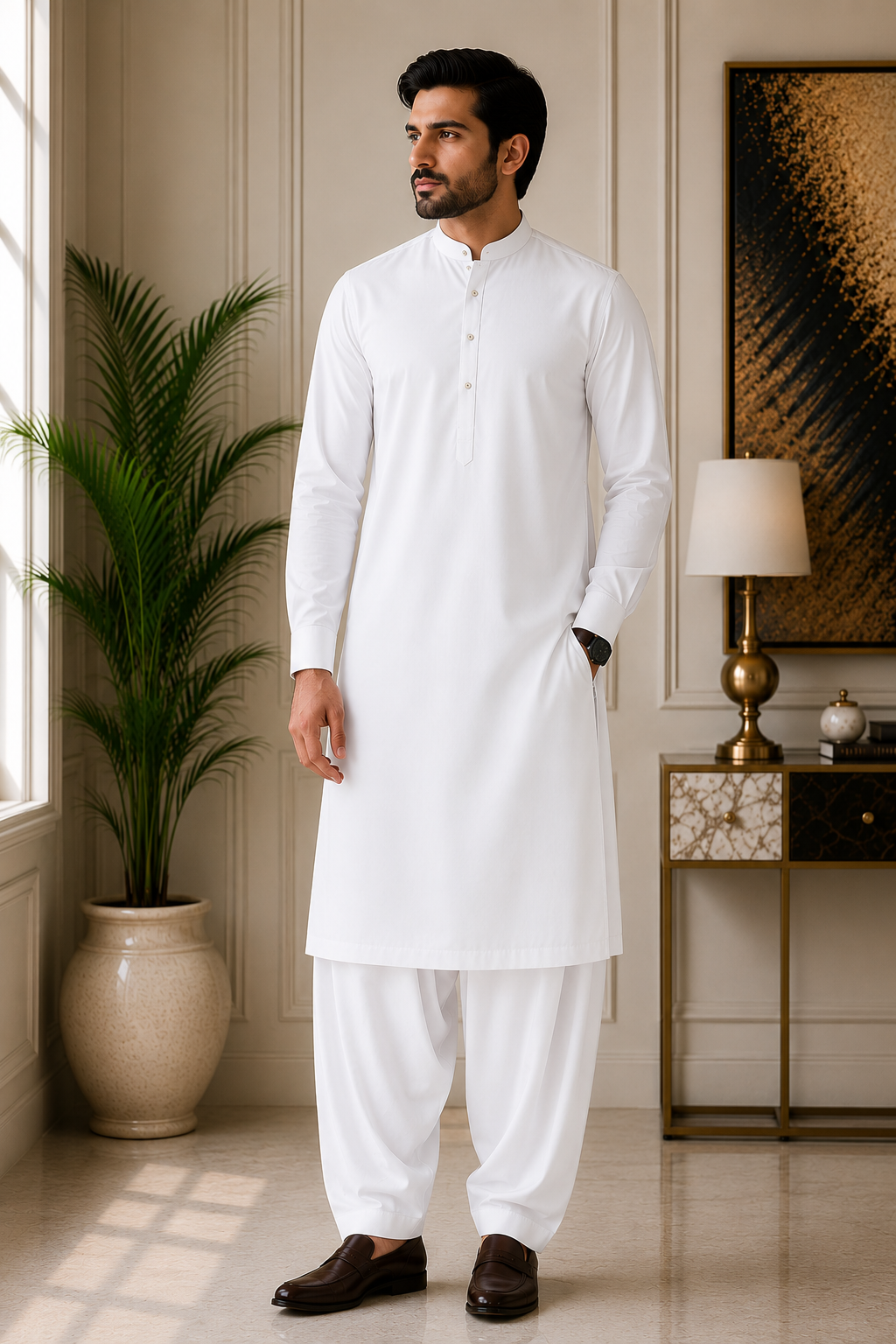 Classic White Wash & Wear Unstitched Fabric – Premium Men's Suit (4 Meter)