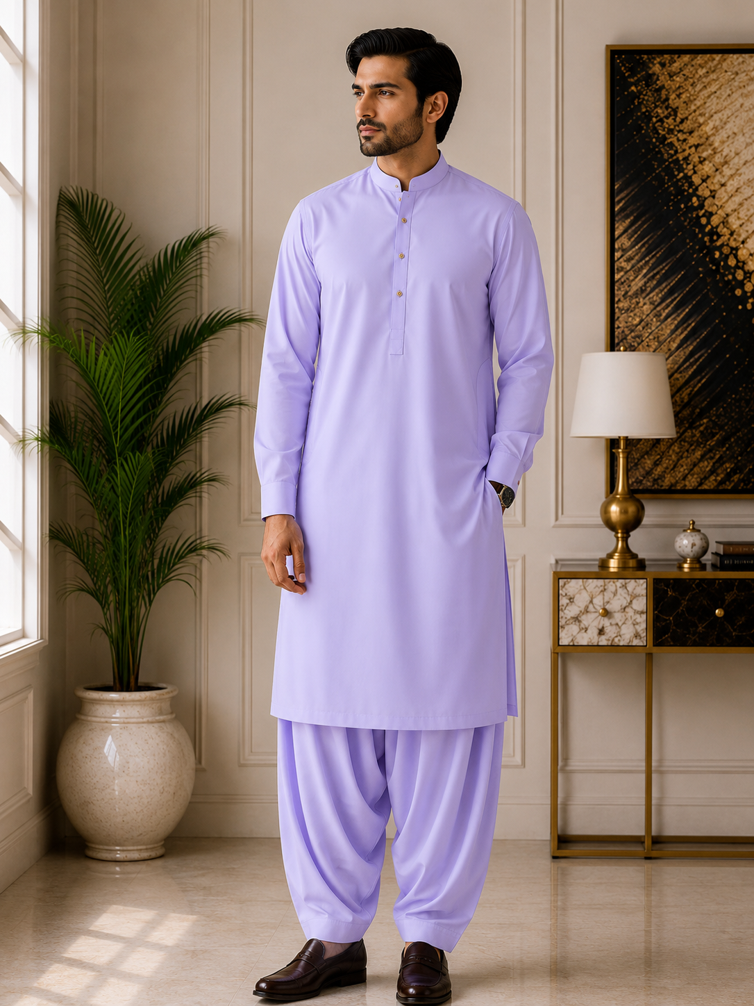 Premium Light Purple Wash & Wear Unstitched Fabric for Men – Soft, Elegant & Wrinkle-Resistan