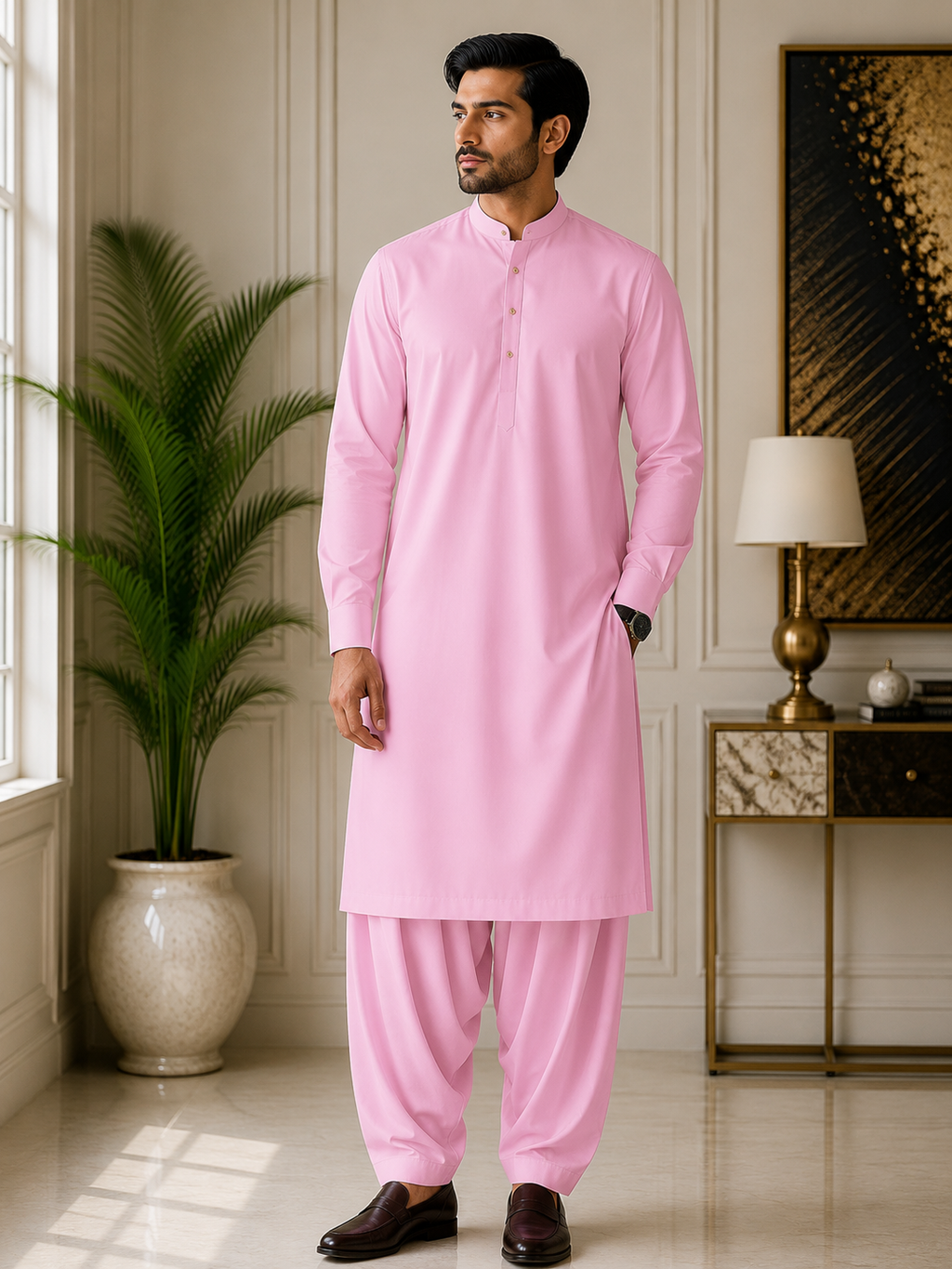 Premium Pink Wash & Wear Unstitched Fabric for Men – Soft, Lightweight & Elegant