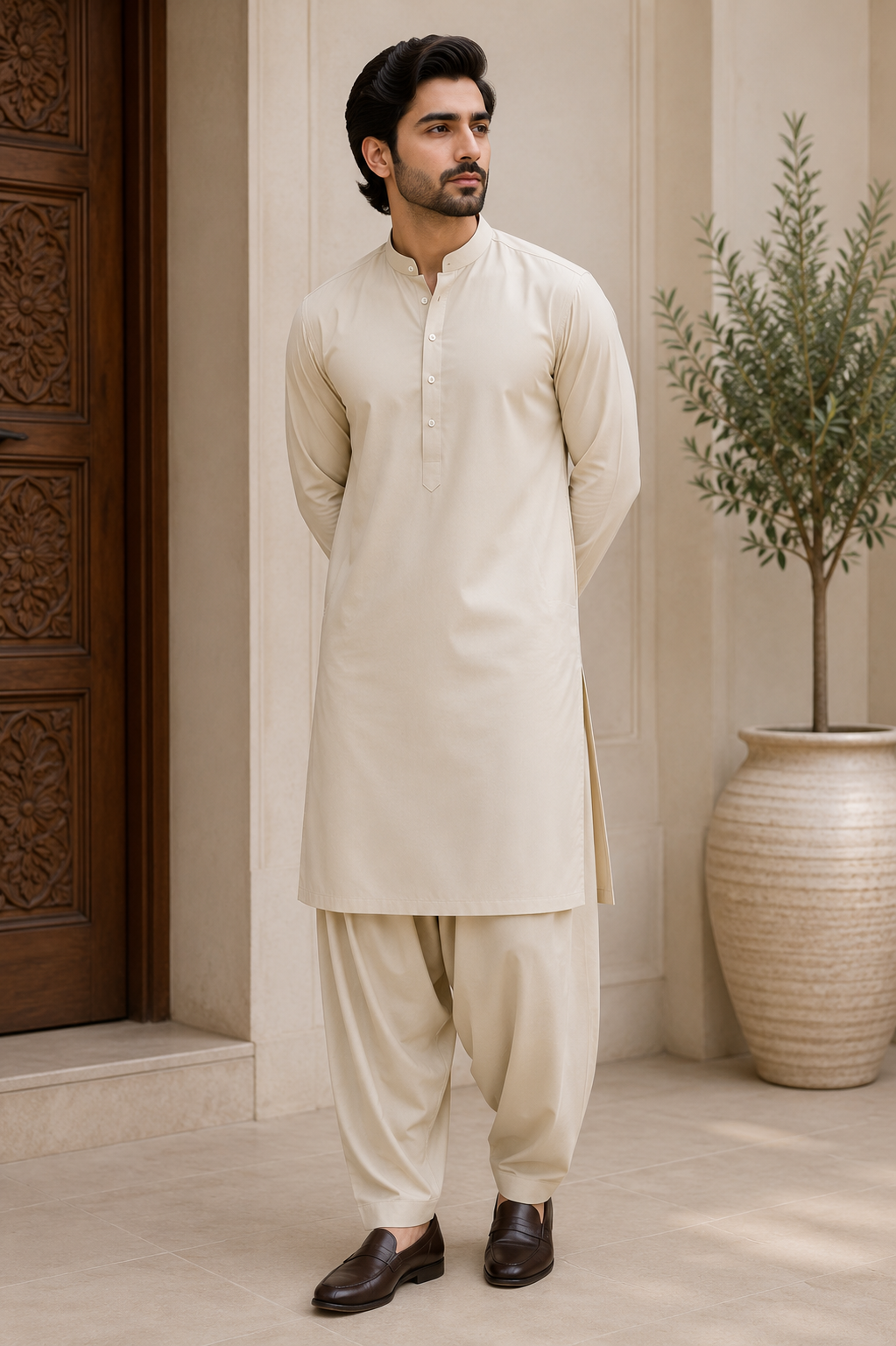 Luxury Champagne Beige Wash & Wear Fabric – Premium Men's Unstitched Collection