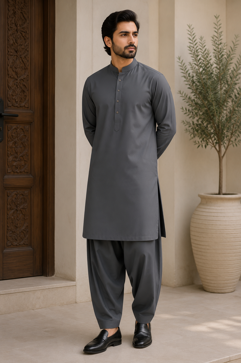 Luxury Slate Grey Wash & Wear Fabric – Premium Men's Unstitched Suit |