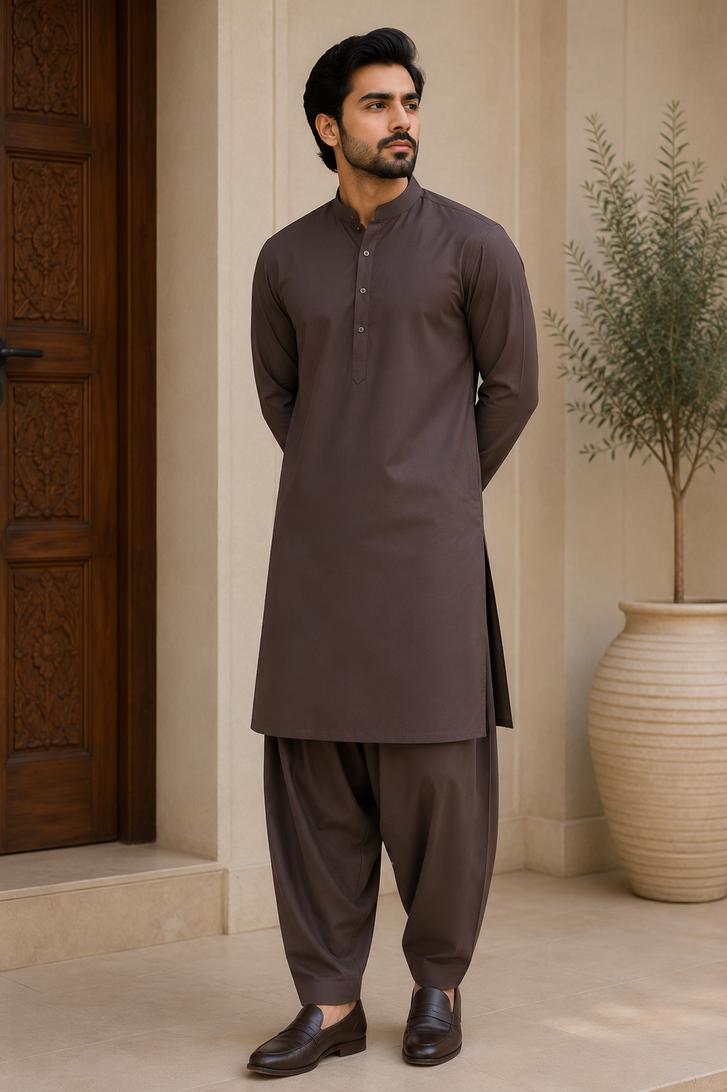 Luxury Ash Brown Boski Fabric – Premium Unstitched Men's Suit | Soft & Sophisticated