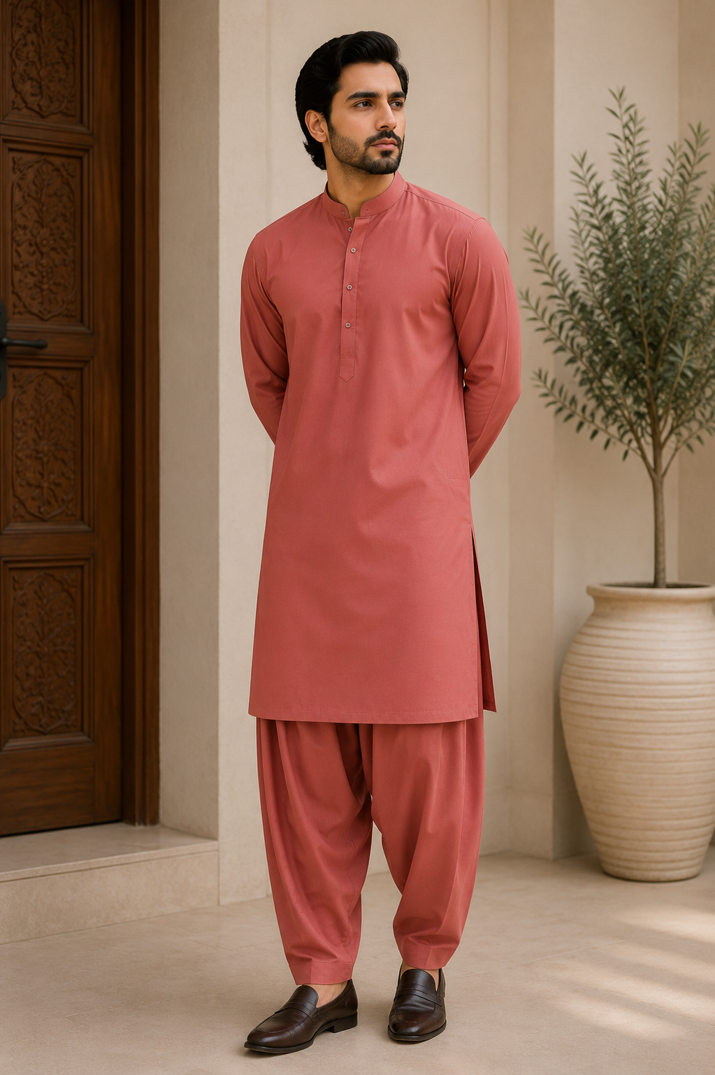 Luxury Dusty Rose Boski Fabric – Premium Unstitched Men's Suit | Soft & Elegant