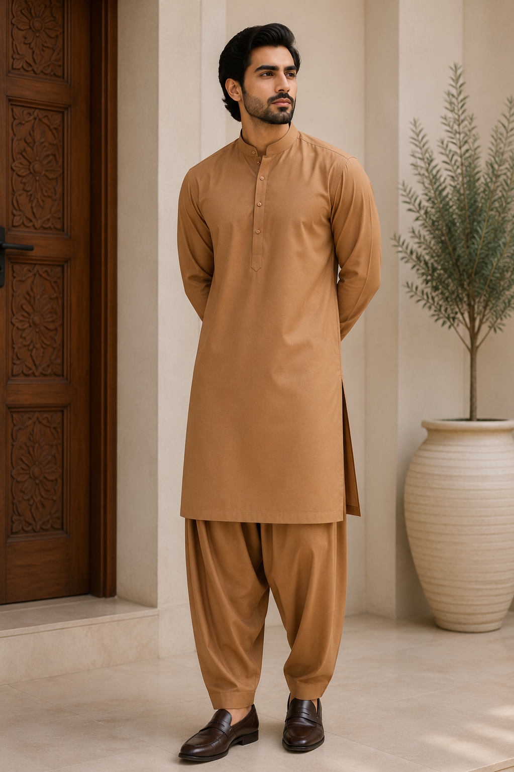 Luxury Golden Beige Boski Fabric – Premium Unstitched Men's Suit | Soft & Elegant