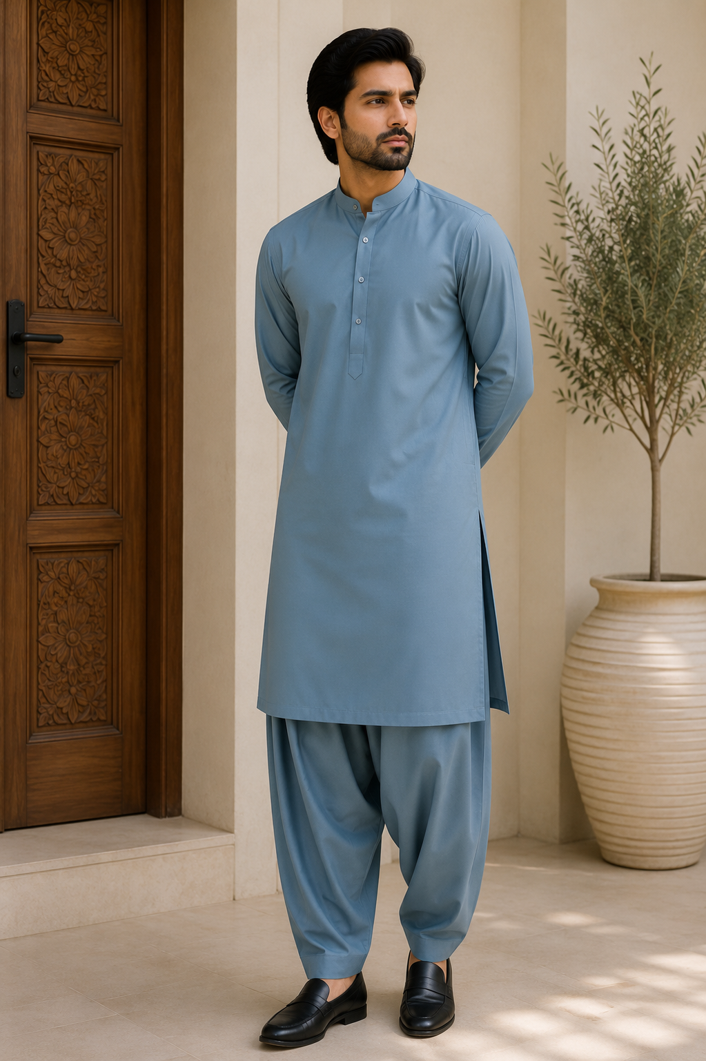 Luxury Steel Blue Boski Fabric – Premium Unstitched Men's Suit | Elegant & Refined
