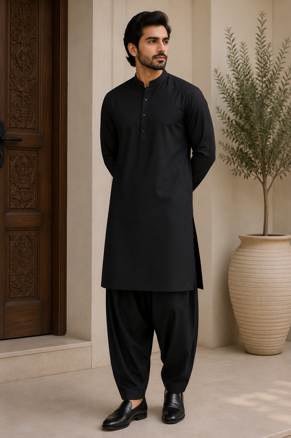 Luxury Jet Black Boski Fabric – Premium Unstitched Men's Suit | Classic & Timeless