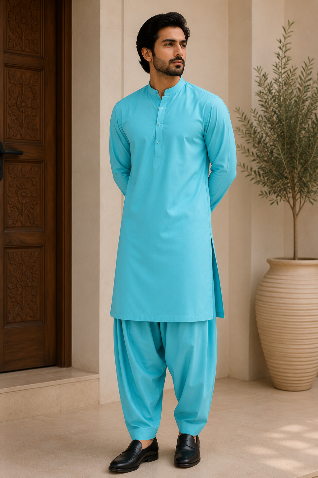 Luxury Aqua Blue Boski Fabric – Premium Unstitched Men's Suit | Soft & Elegant