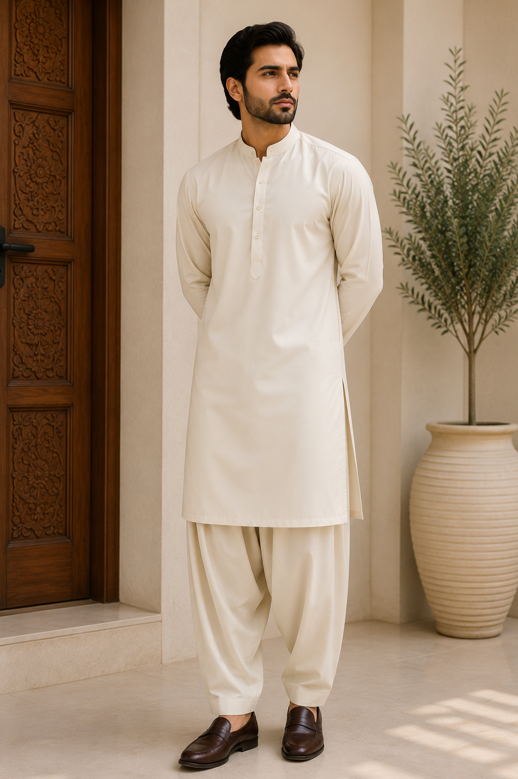 Luxury Cream Boski Suit – Premium Unstitched Men's Fabric