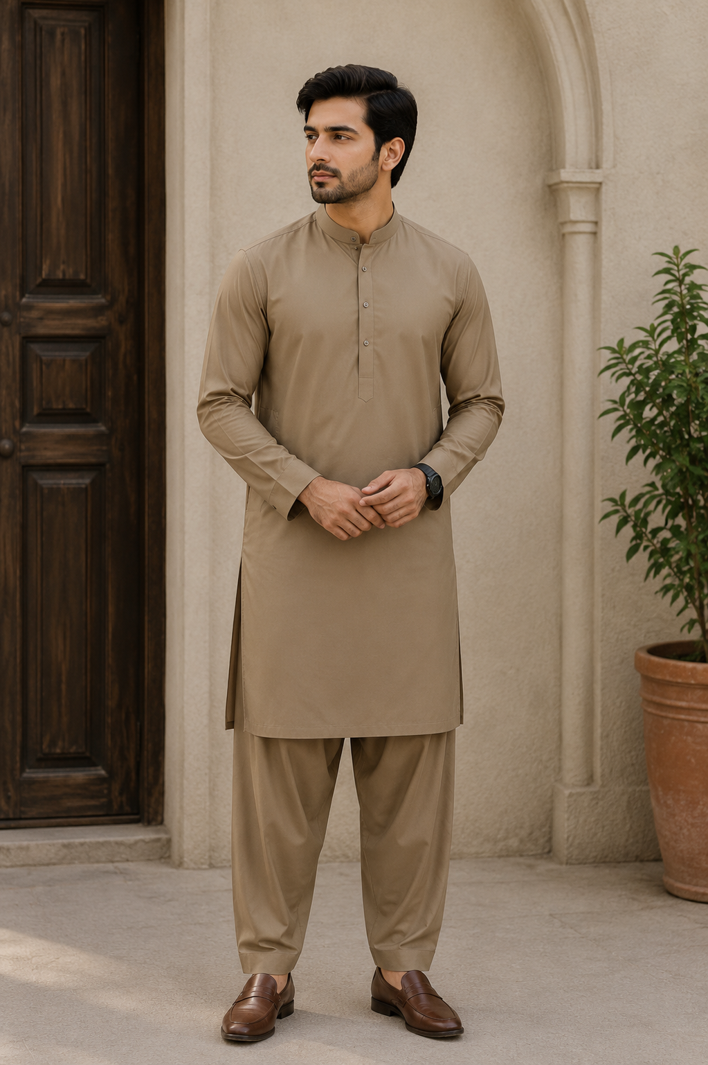 Premium Boski Suit – Camel Brown | Luxury Unstitched Men's Shalwar Kameez Fabric