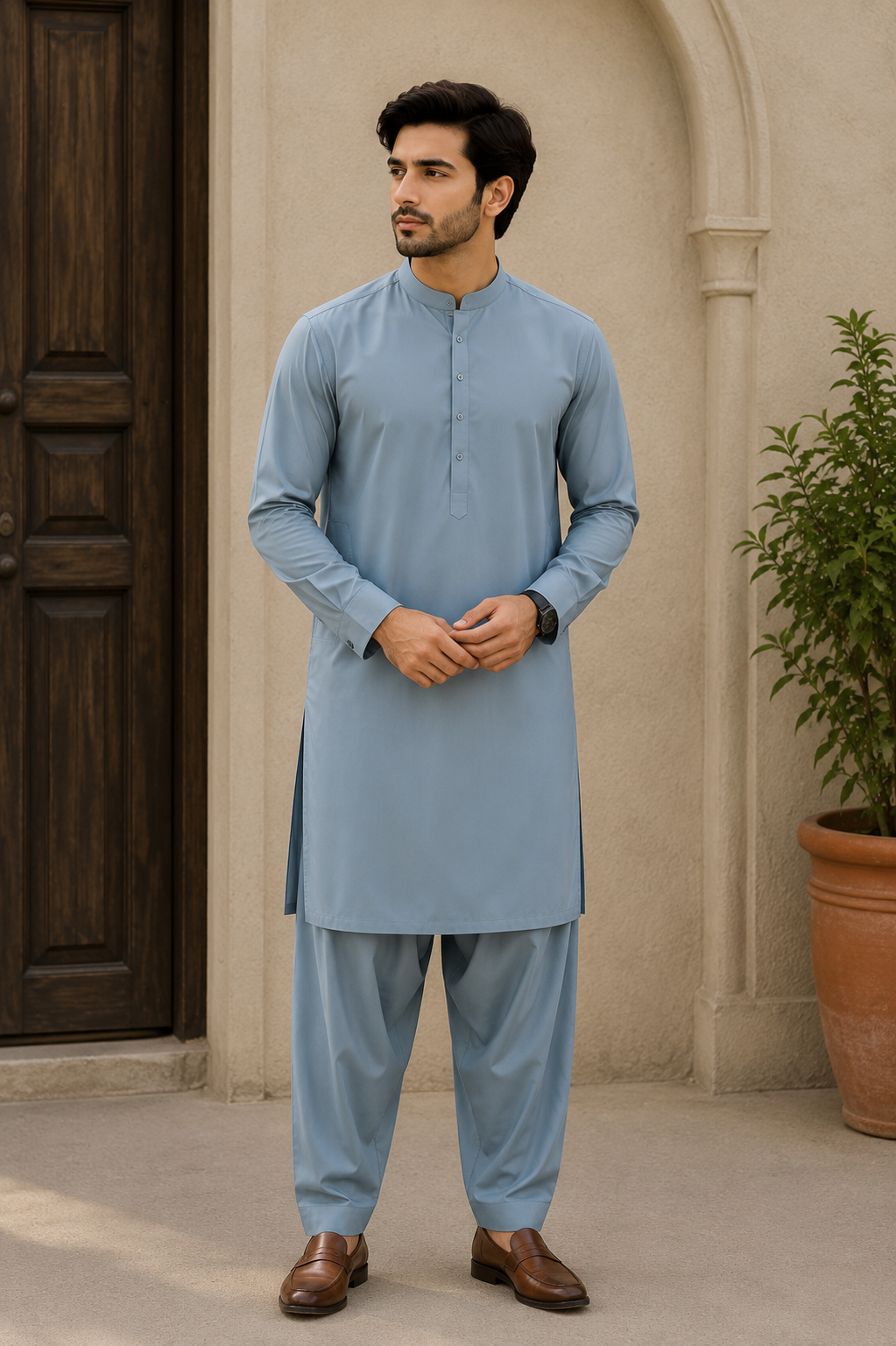 Premium Boski Suit – Steel Blue | Luxury Unstitched Men's Shalwar Kameez Fabric