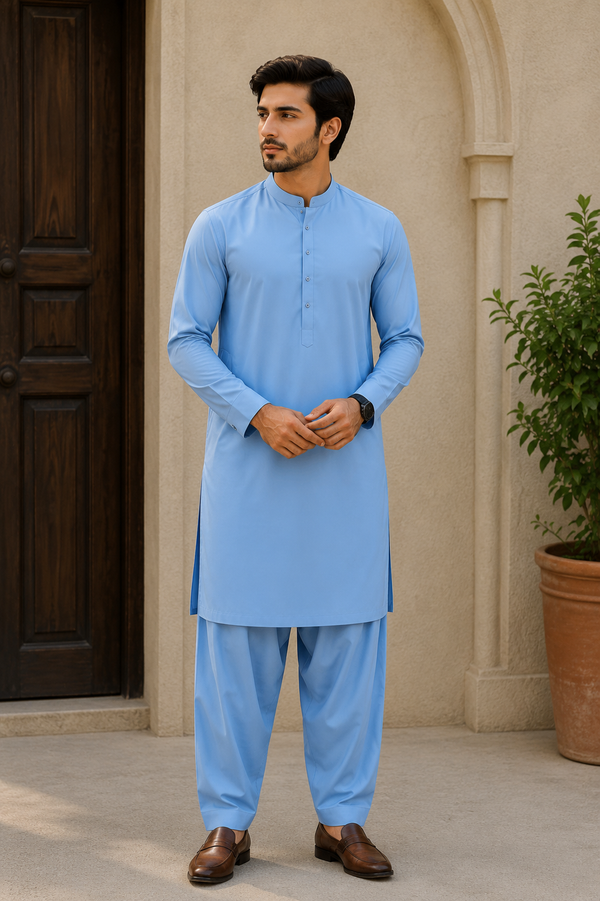 Premium Boski Suit – Sky Blue | Luxury Unstitched Men's Shalwar Kameez Fabric