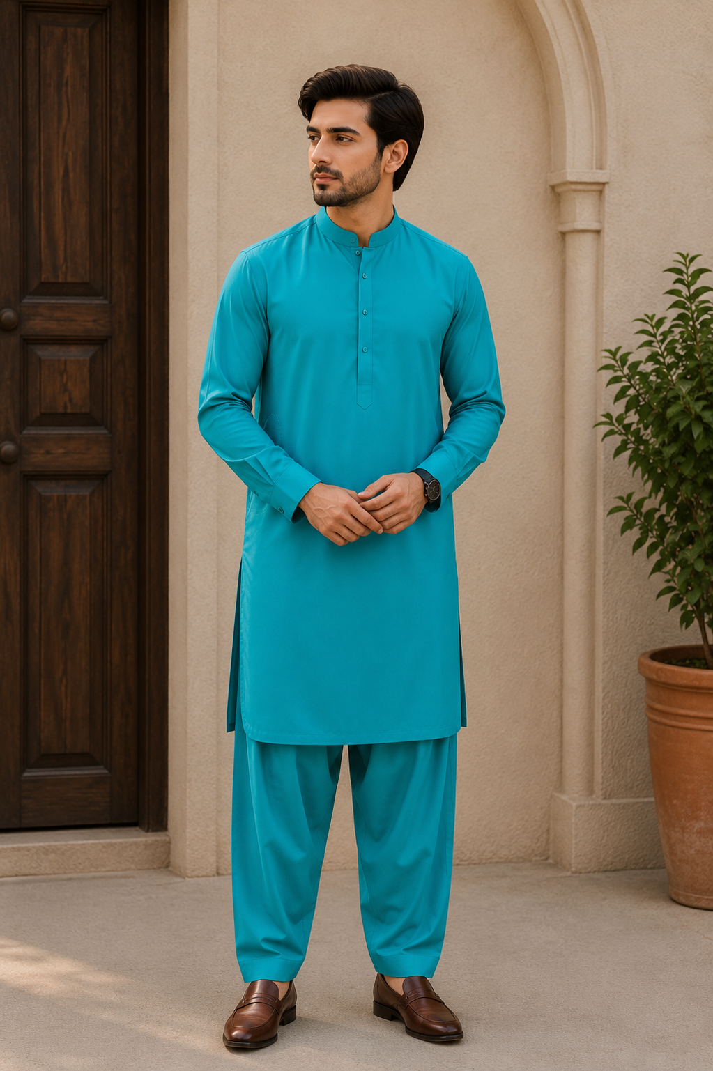 Premium Boski Suit – Aqua Blue | Luxury Unstitched Men's Shalwar Kameez Fabric