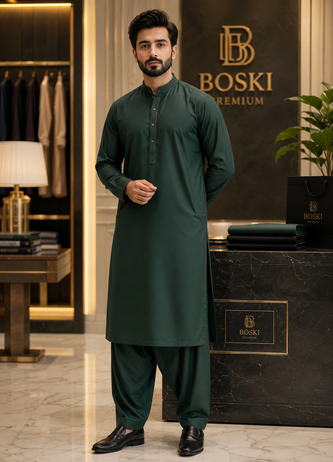 Emerald Green  Premium Boski Suit – Luxury Men's Unstitched Shalwar Kameez Fabric