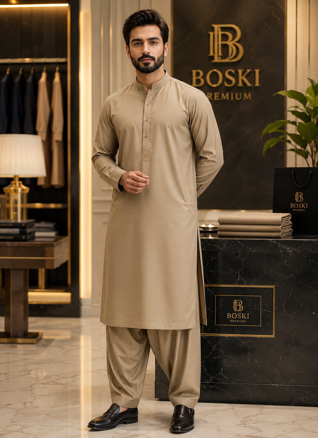 Camel Beige Premium Boski Suit – Luxury Men's Unstitched Shalwar Kameez Fabric
