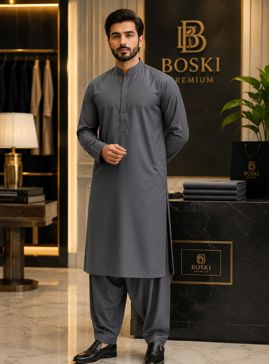 Charcoal Grey Premium Boski Suit – Luxury Men's Unstitched Shalwar Kameez Fabric