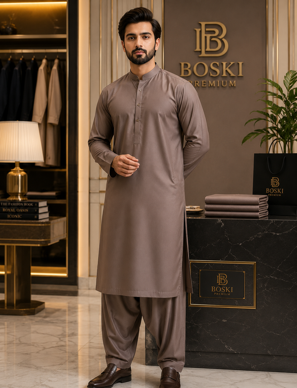 Taupe Brown Premium Boski Suit – Luxury Men's Unstitched Shalwar Kameez Fabric
