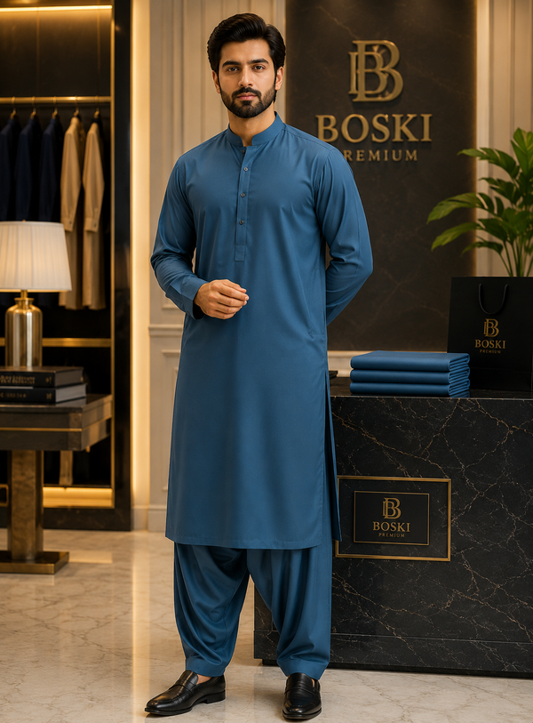 Luxury Premium Boski Suit – Ocean Blue | Soft & Smooth Men's Unstitched Fabric